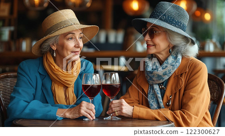 two elderly women in a caf drinking wine two elderly women in a caf drinking wine 122300627