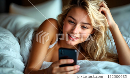 A girl in bed with a phone is chatting pleasantly 122300685