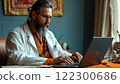 A doctor from Tibet gives a lecture on a laptop 122300686