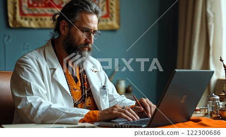 A doctor from Tibet gives a lecture on a laptop A doctor from Tibet gives a lecture on a laptop 122300686