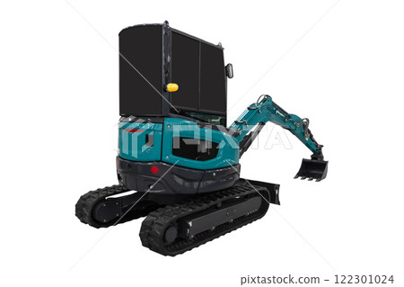 Small or mini yellow excavator isolated on white background. Construction equipment for earthworks in cramped conditions. Construction equipment 122301024