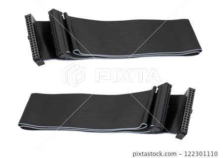 Hard disk drive IDE connector isolated on white background. Connectors cable ATA and IDE interface for computer isolated. Parallel AT Attachment (PATA) Hard disk drive IDE connector isolated on white background. Connectors cable ATA and IDE interface for computer isolated. Parallel AT Attachment (PATA) 122301110