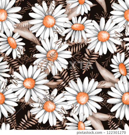 Summer floral background with white daisy flowers, leaves and grass. Floral seamless pattern. 122301270