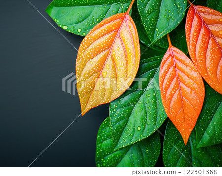 Fresh dew glistens on vibrant green and orange leaves, showcasing nature beauty 122301368