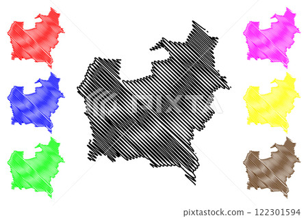 West Lindsey Non-metropolitan district (United Kingdom of Great Britain and Northern Ireland, ceremonial county Lincolnshire or Lincs, England) map vector illustration, scribble sketch map 122301594
