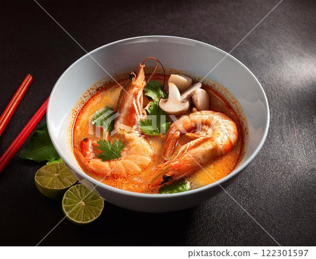 Tom yam is a spicy clear soup typical in Thailand and No. 1 Thai Dish Cuisine. 122301597