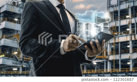 Businessman using tablet in industrial setting, showcasing industrial transformation and innovation with digital tools 122301687