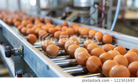 An Automated Egg Processing Line is utilized within a contemporary farm facility for enhanced efficiency 122301697