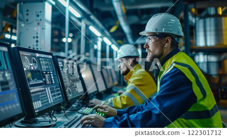 Female engineer overseeing systems in hightech industrial control room, emphasizing automation, technology, precision 122301712