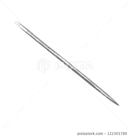 Watercolor illustration of metallic sewing needle with detailed texture. Perfect for crafting, embroidery, tailoring, DIY projects, creative designs, sewing kits, handmade art, textile-related themes Watercolor illustration of metallic sewing needle with detailed texture. Perfect for crafting, embroidery, tailoring, DIY projects, creative designs, sewing kits, handmade art, textile-related themes 122301789