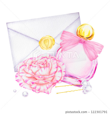 Watercolor composition of a pink perfume bottle with a ribbon, a blooming rose, pearls, a golden wax seal, and an envelope. Elegant and romantic illustration for Valentine and wedding designs Watercolor composition of a pink perfume bottle with a ribbon, a blooming rose, pearls, a golden wax seal, and an envelope. Elegant and romantic illustration for Valentine and wedding designs 122301791