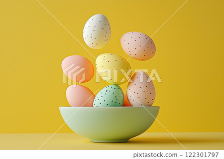 abstract composition colorful easter eggs in bowl on yellow background 122301797