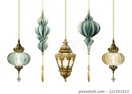 Hanging Lantern Clip Art Set. Arabic style golden lamp. Watercolor hand painted isolated illustration for greeting card, invitation of Ramadan Kareem, Muslim holiday, Eid Mubarak, Eid Al Fitr, Adha Hanging Lantern Clip Art Set. Arabic style golden lamp. Watercolor hand painted isolated illustration for greeting card, invitation of Ramadan Kareem, Muslim holiday, Eid Mubarak, Eid Al Fitr, Adha 122301833
