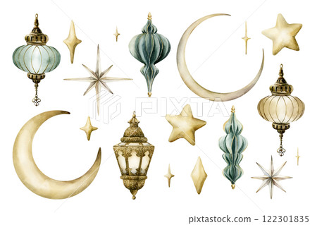 Lanterns, Crescent moon, stars, sparkles and twinkles Set. Watercolor hand painted isolated illustration for greeting card, invitation of Ramadan Kareem, Muslim holiday, Eid Mubarak, Al Fitr, Adha Lanterns, Crescent moon, stars, sparkles and twinkles Set. Watercolor hand painted isolated illustration for greeting card, invitation of Ramadan Kareem, Muslim holiday, Eid Mubarak, Al Fitr, Adha 122301835