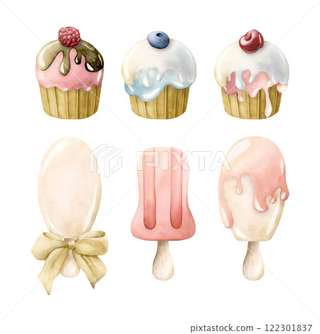 Cute cupcake and ice cream, popsicle set. Watercolor hand painted summer food illustration isolated on white background for delicious textile, baby clothes fabric, kids birthday, baby shower, nursery 122301837