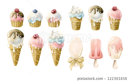 Cute cupcake and ice cream, popsicle set. Watercolor hand painted summer food illustration isolated on white background for delicious textile, baby clothes fabric, kids birthday, baby shower, nursery Cute cupcake and ice cream, popsicle set. Watercolor hand painted summer food illustration isolated on white background for delicious textile, baby clothes fabric, kids birthday, baby shower, nursery 122301838