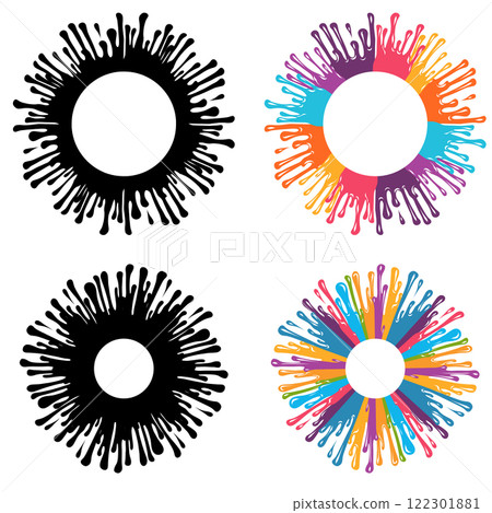 Vector set of circle frames with colorful and monochrome paint drips. Round frames with dye and place for text. Collection liquid dye blot 122301881