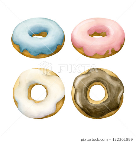 Donut clip art set. White, blue, pink and chocolate glaze doughnuts. Watercolor hand painted sweet food dessert illustration isolated on white background for confectionery design, kids birthday 122301899
