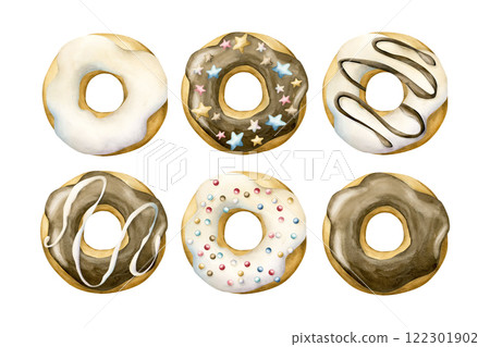 Donut clip art set. White and chocolate glaze doughnuts with colorful pastry sprinkles . Watercolor hand painted food illustration isolated on white background for confectionery design, kids birthday Donut clip art set. White and chocolate glaze doughnuts with colorful pastry sprinkles . Watercolor hand painted food illustration isolated on white background for confectionery design, kids birthday 122301902