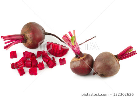 Closeup beetroot (beet root) and Pieces of juicy red beetroot isolated on white background. Closeup beetroot (beet root) and Pieces of juicy red beetroot isolated on white background. 122302626