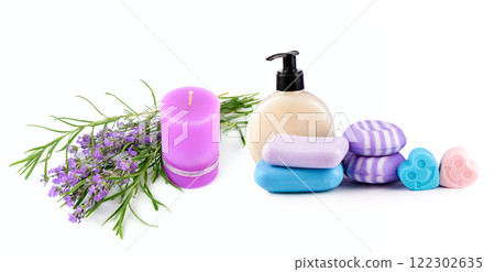 Soap and scented candles with lavender extract isolated on white. Free space for text. Soap and scented candles with lavender extract isolated on white. Free space for text. 122302635