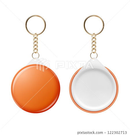 Vector 3d Realistic Round Keychain, Design Template for Printing, Mockup. Round Blank Keychain Design Element for Promo, Souvenir, Prints or Logos. ID Badge Vector Illustration, Front, Back Side View Vector 3d Realistic Round Keychain, Design Template for Printing, Mockup. Round Blank Keychain Design Element for Promo, Souvenir, Prints or Logos. ID Badge Vector Illustration, Front, Back Side View 122302713