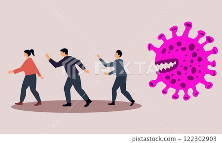 Illustration of people running away from a giant pink virus with sharp teeth, symbolizing fear and pandemic impact. Perfect for health, awareness, and medical concepts Illustration of people running away from a giant pink virus with sharp teeth, symbolizing fear and pandemic impact. Perfect for health, awareness, and medical concepts 122302903