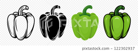 Hand-Drawn Vector Bell Peppers in Green, Outline and Full Color. Vibrant Detailed Food Illustration for Culinary, Healthy Eating, Kitchen Designs, Food Packaging. Capsicum Icon Set 122302937
