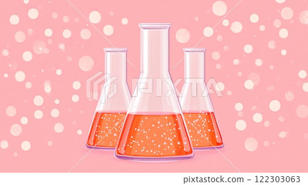 Pink background with three glass chemical research flasks containing orange liquid and bubbles. Pink background with three glass chemical research flasks containing orange liquid and bubbles. 122303063