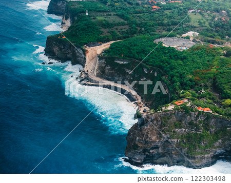 Engineering construction on cliff under Uluwatu temple in Bali. Drone view 122303498