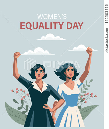 Equality day, women's day. Feminism day. Greeting card with two young women with raised hands. Flat illustration 122303516