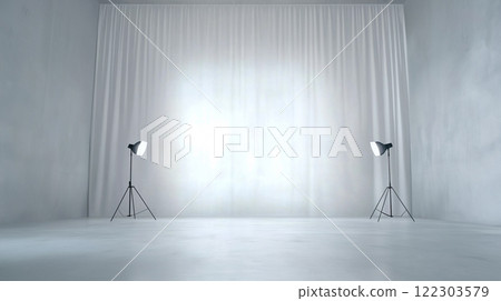 photo studio background with white walls and curtains, soft light illuminating the space 122303579