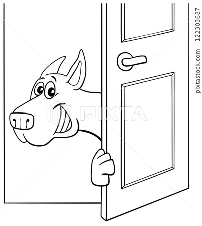 cartoon dog animal character behind the door coloring page 122303687