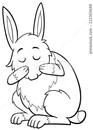 cartoon rabbit animal character washing itself coloring page 122303689