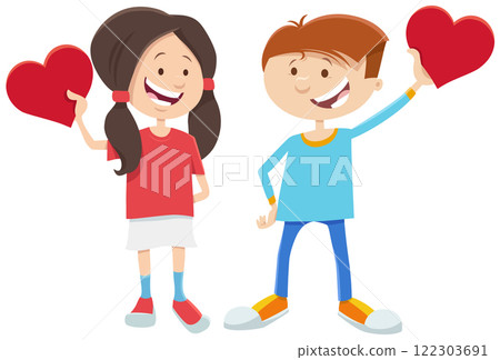 cartoon girl and boy characters on Valentines Day 122303691