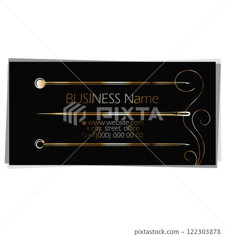 Golden needle and thread and pin, business card for sewing 122303878