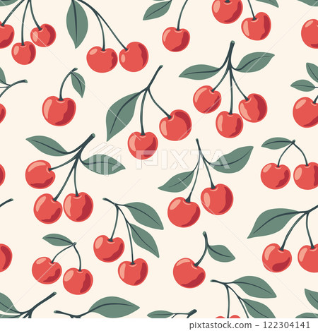 Vector Seamless Pattern with Adorable Cherry on White Background. Cute Cherries for Valentine s Day, Love, Romance Concept 122304141