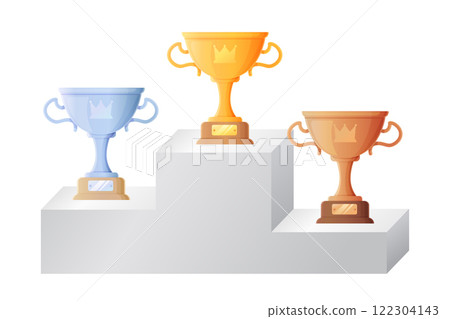 Pedestal with gold, silver, and bronze trophies symbolizing victory positions. Pedestal with gold, silver, and bronze trophies symbolizing victory positions. 122304143