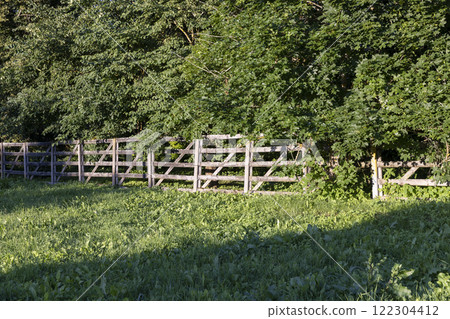 a small primitive wooden fence separating the village from the forest 122304412