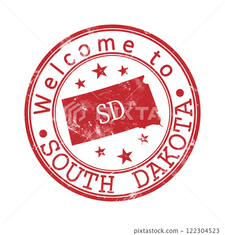 Welcome to South Dakota. A worn stamp with a silhouette of the state and an abbreviated designation. Print impression, a template for creative design 122304523