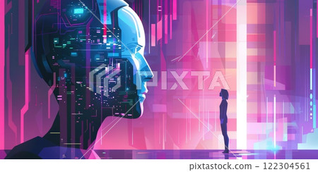 A digital avatar of a human-like robot engaging in virtual social interaction with real individuals, illustrating the convergence of virtual reality and human experience 122304561