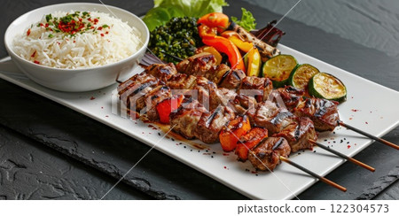 Shish Kebab on big white plate on a black slate background, Skewered and grilled chunks of marinated meat served with rice in the bowl and grilled vegetables, Classic Turkish barbecue dish 122304573