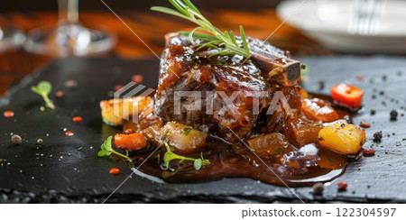 Osso Buco plated artistically on black slate, Moody lighting. Gourmet presentation with rich sauce, close up. 122304597