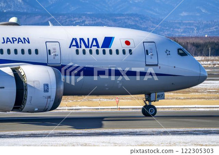 冬季,飛機降落在北海道千歲市新千歲機場 冬季,飛機降落在北海道千歲市新千歲機場 122305303