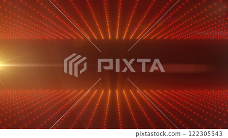 Abstract futuristic grid with red glowing points and golden light source, depicting digital technology and data visualization concepts 122305543