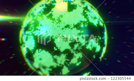 A neon green digital depiction of Earth with pixelated textures, highlighting technological innovation and a futuristic global theme background 122305544