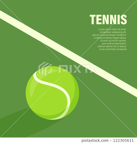 Flat Vector Tennis Ball Icon is on the Green Tennis Court. Tennis Ball Design Template, Sports Concepts, Competition Promotions, Advertisements, Graphics for a Tennis Event. Sports Background Flat Vector Tennis Ball Icon is on the Green Tennis Court. Tennis Ball Design Template, Sports Concepts, Competition Promotions, Advertisements, Graphics for a Tennis Event. Sports Background 122305611