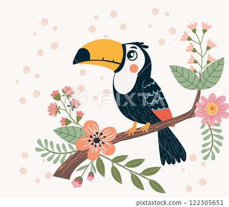 Cute toucan bird sitting on branch with leaves and flowers Cute toucan bird sitting on branch with leaves and flowers 122305651