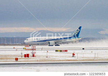 New Chitose Airport in winter: Snow smoke and taxiing airplanes, Chitose, Hokkaido New Chitose Airport in winter: Snow smoke and taxiing airplanes, Chitose, Hokkaido 122305653