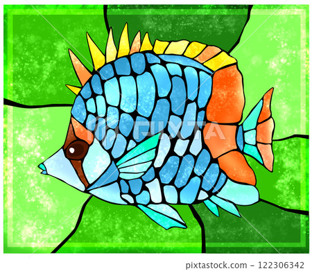 Colorful tile-style cut-out illustration of a tropical fish, butterflyfish, with background 122306342